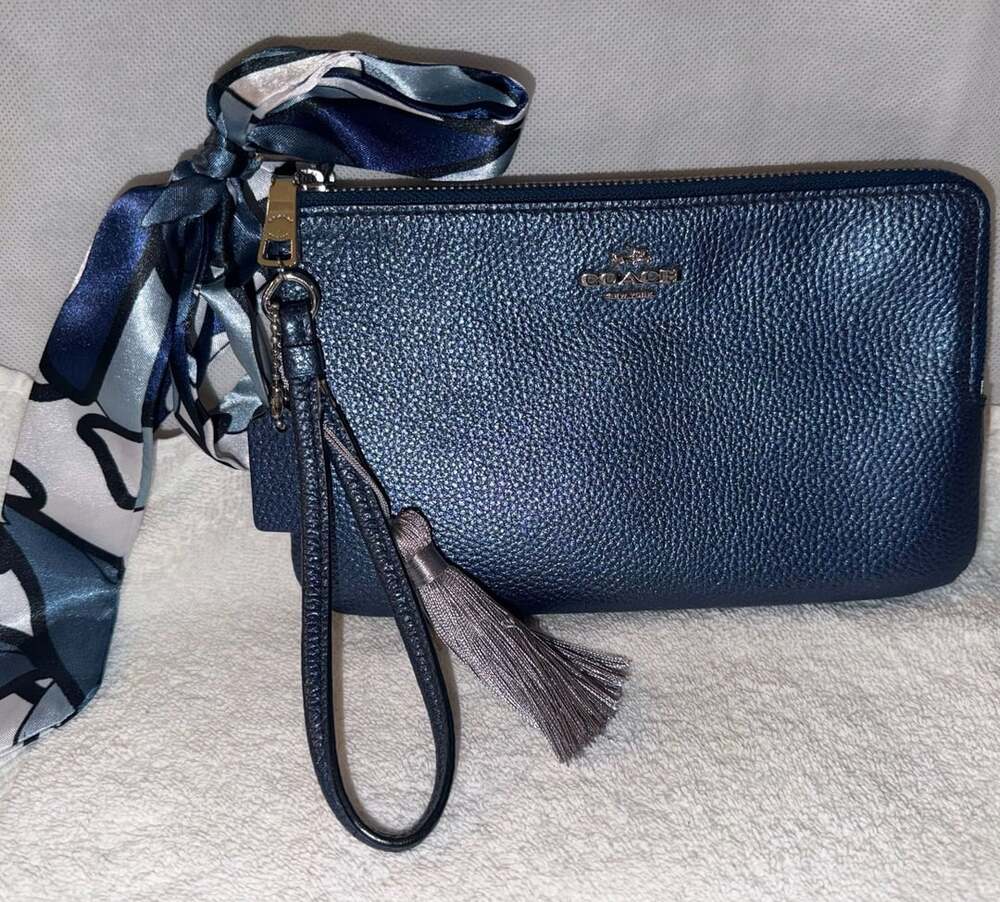 Coach Metallic Blue Pebble Leather Zip Wristlet